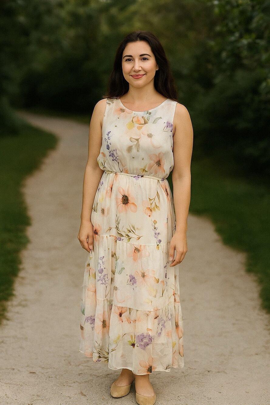 Lara G Pastel Floral Maxi Dress taly silk blend Tiered, Coquette,Romantic Sz-M